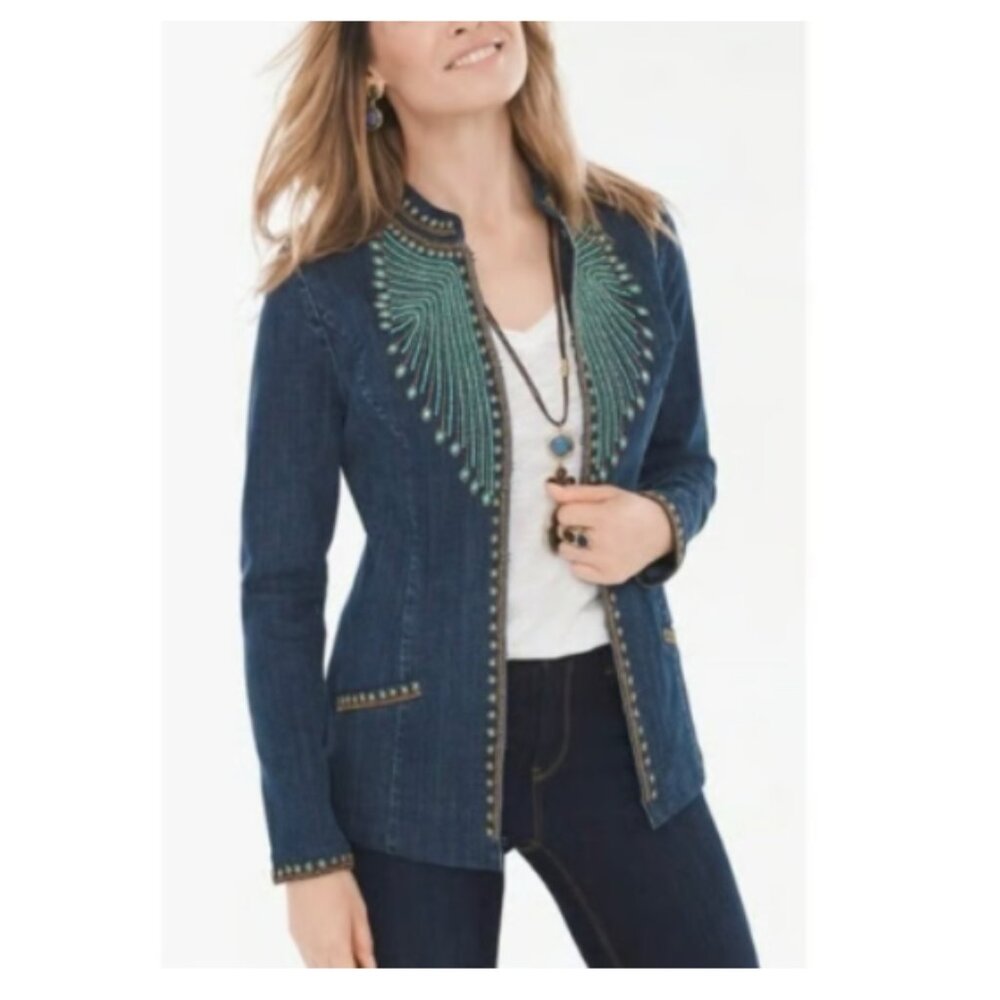 Chico's Heritage Beaded Denim Jacket Turquoise Southwestern Aztec Gold sz 1 (M)